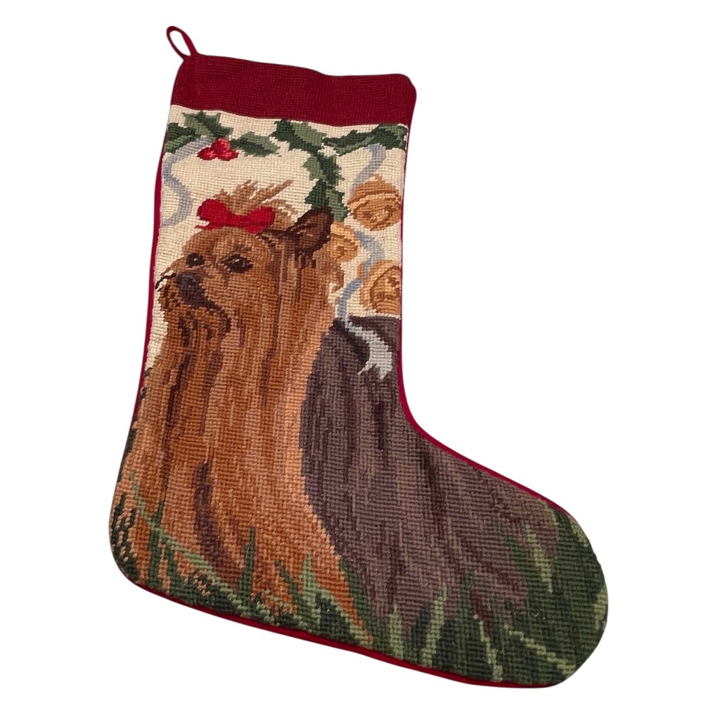 Peking Handicraft Holly Yorkie Needlepoint Yorkshire Terrier‎ Christmas Stocking